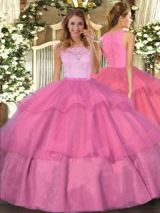 Enchanting Sleeveless Floor Length Lace and Ruffled Layers Clasp Handle Ball Gown Prom Dress with Hot Pink