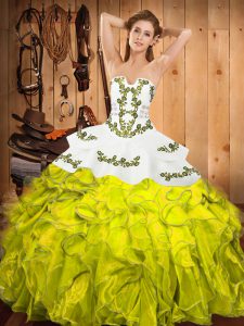 Floor Length Lace Up Quinceanera Gowns Yellow Green for Military Ball and Sweet 16 and Quinceanera with Embroidery and Ruffles