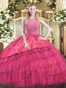 Nice Ball Gowns Sweet 16 Dress Hot Pink Halter Top Satin and Tulle Sleeveless Floor Length Zipper