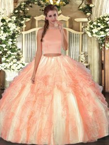 Decent Orange Red Backless Halter Top Beading and Ruffles Quinceanera Gown Organza Sleeveless