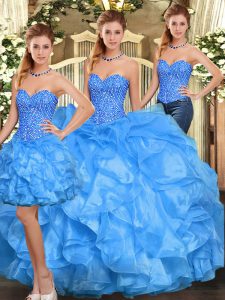 Unique Baby Blue Sleeveless Floor Length Beading and Ruffles Lace Up 15 Quinceanera Dress