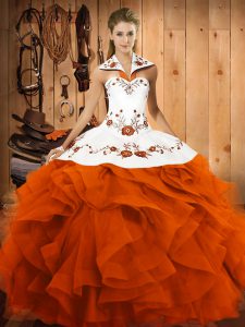 Exceptional Floor Length Orange Red Quinceanera Gown Tulle Sleeveless Embroidery and Ruffles