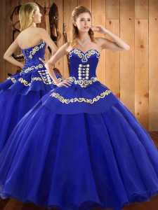 Blue Lace Up Ball Gown Prom Dress Embroidery Sleeveless Floor Length