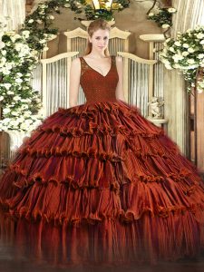 Ball Gowns Quinceanera Gown Rust Red V-neck Organza Sleeveless Floor Length Backless