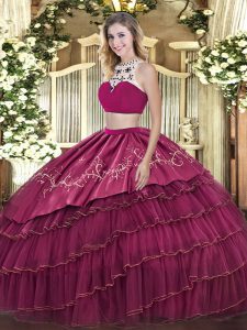 Fuchsia Two Pieces Tulle High-neck Sleeveless Beading and Embroidery and Ruffled Layers Floor Length Backless Quinceanera Gown