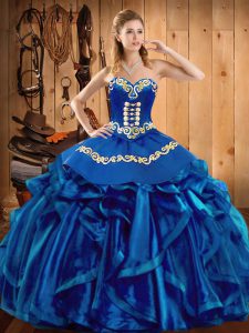 Chic Floor Length Lace Up 15 Quinceanera Dress Blue for Military Ball and Sweet 16 and Quinceanera with Embroidery and Ruffles