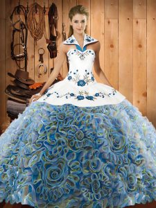 Multi-color Ball Gowns Embroidery Quinceanera Dresses Lace Up Fabric With Rolling Flowers Sleeveless