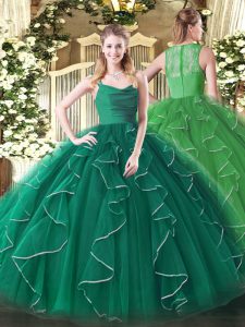 Extravagant Organza Straps Sleeveless Zipper Ruffles 15th Birthday Dress in Dark Green