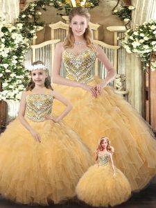 Fashionable Sweetheart Sleeveless 15th Birthday Dress Floor Length Beading and Ruffles Gold Organza