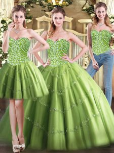 Olive Green Lace Up Sweet 16 Quinceanera Dress Beading Sleeveless Floor Length