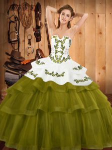 Custom Designed Olive Green 15th Birthday Dress Tulle Sweep Train Sleeveless Embroidery and Ruffled Layers