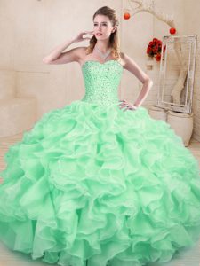 Custom Design Apple Green Ball Gowns Organza Sweetheart Sleeveless Beading and Ruffles Floor Length Lace Up 15 Quinceanera Dress