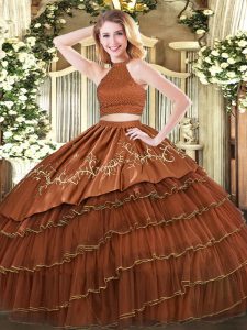 Luxury Floor Length Backless Sweet 16 Dresses Brown for Military Ball and Sweet 16 and Quinceanera with Beading and Embroidery and Ruffled Layers