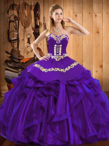 Sleeveless Organza Floor Length Lace Up Sweet 16 Quinceanera Dress in Purple with Embroidery and Ruffles
