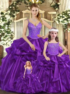 Customized Organza Straps Sleeveless Lace Up Beading and Ruffles Vestidos de Quinceanera in Purple