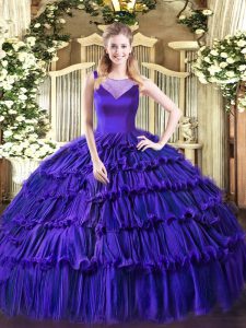 Purple Sleeveless Floor Length Beading and Ruffled Layers Side Zipper Quinceanera Dresses