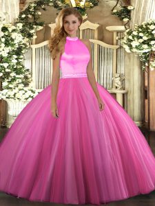 Decent Tulle Halter Top Sleeveless Backless Beading Sweet 16 Dresses in Rose Pink