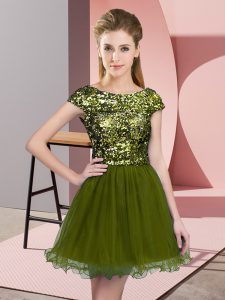 Tulle Scoop Cap Sleeves Zipper Sequins Dama Dress in Olive Green