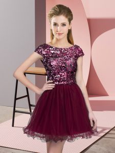 Burgundy Cap Sleeves Tulle Zipper Quinceanera Court Dresses for Prom and Party and Wedding Party
