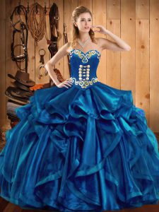 Blue Ball Gowns Organza Sweetheart Sleeveless Embroidery and Ruffles Floor Length Lace Up Quince Ball Gowns