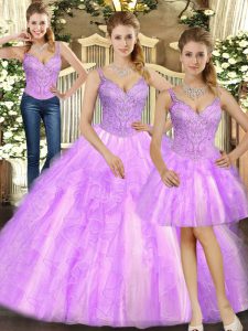 Fabulous Lilac Organza Lace Up Straps Sleeveless Floor Length Vestidos de Quinceanera Beading and Ruffles