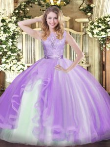 Most Popular Lavender 15th Birthday Dress Military Ball and Sweet 16 and Quinceanera with Lace and Ruffles Scoop Sleeveless Backless