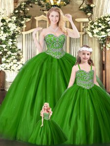 Sleeveless Floor Length Beading Lace Up Quinceanera Gowns with Green