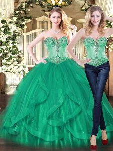 Exceptional Tulle Sweetheart Sleeveless Lace Up Beading and Ruffles 15 Quinceanera Dress in Turquoise