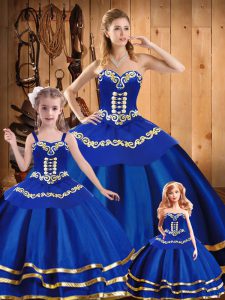 Sleeveless Floor Length Embroidery Lace Up Sweet 16 Quinceanera Dress with Royal Blue