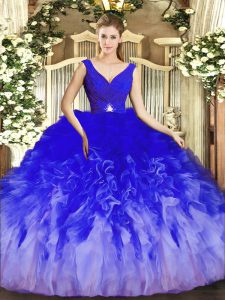 Designer V-neck Sleeveless Backless Quinceanera Gowns Multi-color Tulle