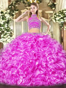 High-neck Sleeveless Tulle Sweet 16 Quinceanera Dress Beading and Ruffles Backless