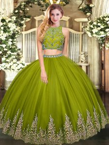 Sophisticated Olive Green Sleeveless Floor Length Beading and Appliques Zipper 15 Quinceanera Dress