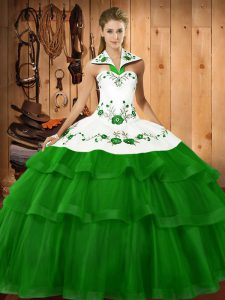 Attractive Green Vestidos de Quinceanera Organza Sweep Train Sleeveless Embroidery and Ruffled Layers