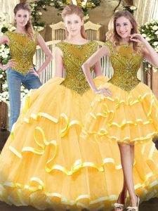 Comfortable Sleeveless Floor Length Beading and Ruffled Layers Zipper Quinceanera Gown with Gold