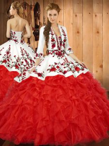 Fashion Red Lace Up Sweetheart Embroidery and Ruffles 15th Birthday Dress Tulle Sleeveless