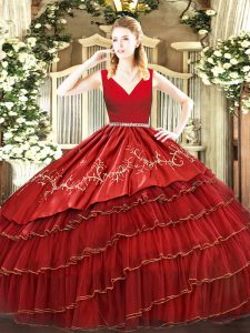 Cheap Wine Red Ball Gowns Organza V-neck Sleeveless Embroidery and Ruffled Layers Floor Length Zipper Quinceanera Gowns