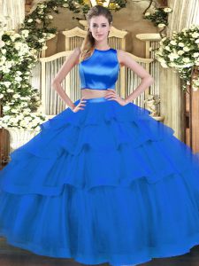 Comfortable Blue Criss Cross High-neck Ruffled Layers Quinceanera Gowns Tulle Sleeveless