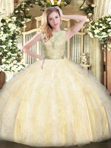 Customized Light Yellow Backless 15th Birthday Dress Lace and Ruffles Sleeveless Floor Length