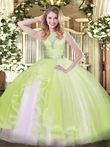 New Style Organza Scoop Sleeveless Backless Lace and Ruffles Ball Gown Prom Dress in Yellow Green