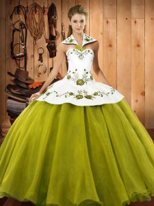 Olive Green Satin and Tulle Lace Up Halter Top Sleeveless Floor Length Ball Gown Prom Dress Embroidery