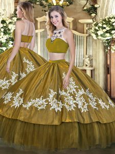 Attractive Floor Length Olive Green 15th Birthday Dress Tulle Sleeveless Beading and Appliques