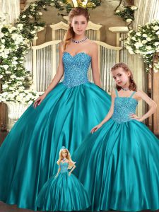 Excellent Teal Sleeveless Floor Length Beading Lace Up Sweet 16 Dresses
