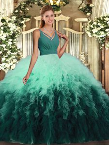 Multi-color Ball Gown Prom Dress Military Ball and Sweet 16 and Quinceanera with Ruffles V-neck Sleeveless Backless