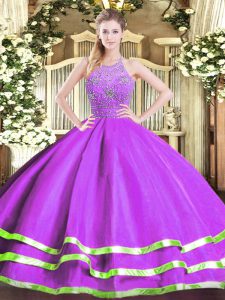 Eggplant Purple Quinceanera Dresses Military Ball and Sweet 16 and Quinceanera with Beading Halter Top Sleeveless Zipper