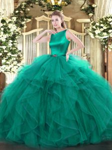 Custom Designed Turquoise Clasp Handle Scoop Ruffles Quinceanera Dresses Organza Sleeveless