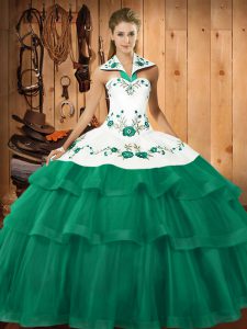 Unique Turquoise Halter Top Neckline Embroidery and Ruffled Layers Quinceanera Gowns Sleeveless Lace Up