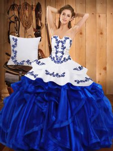 Custom Made Strapless Sleeveless Lace Up Quinceanera Gowns Blue Satin and Organza