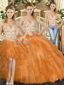 Floor Length Three Pieces Sleeveless Orange Red 15 Quinceanera Dress Lace Up