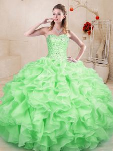 Excellent Organza Sweetheart Sleeveless Lace Up Beading and Ruffles Vestidos de Quinceanera in Apple Green
