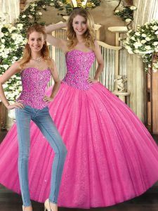Hot Pink Quinceanera Dress Military Ball and Sweet 16 and Quinceanera with Beading Sweetheart Sleeveless Lace Up